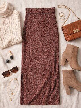 Black Bead Knit Midi Skirt | Size M-L | Rust Brown Bodycon Stretch Skirt